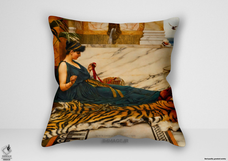 کوسن نقاشی کلاسیک ، موزه ایی جان ویلیام گادوارد انگلیسی ۱۸۶۱ ۱۹۲۲ پوست ببر دختر خیاط ۱۸۸۹ (art 1445)