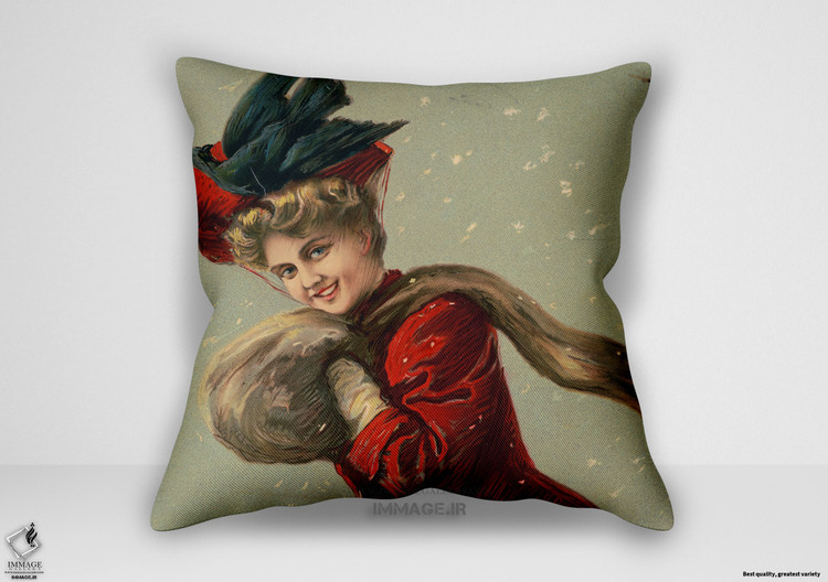 کوسن نقاشی کلاسیک ، موزه ایی زن با کت و کلاه قرمز و شال گردن خزدار در برف اثر گری لیتو (art 1667)