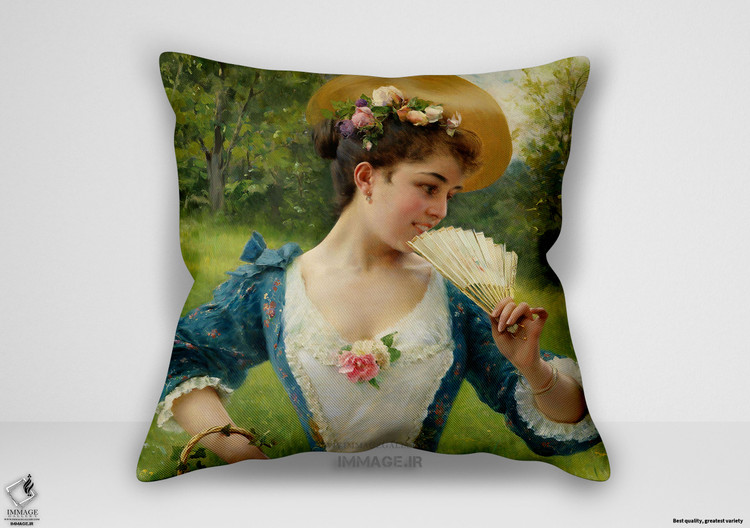 کوسن نقاشی کلاسیک ، موزه ایی زیبایی جوان با سبدی از گل رز اثر فدریکو آندره ئوتی (art 1669)