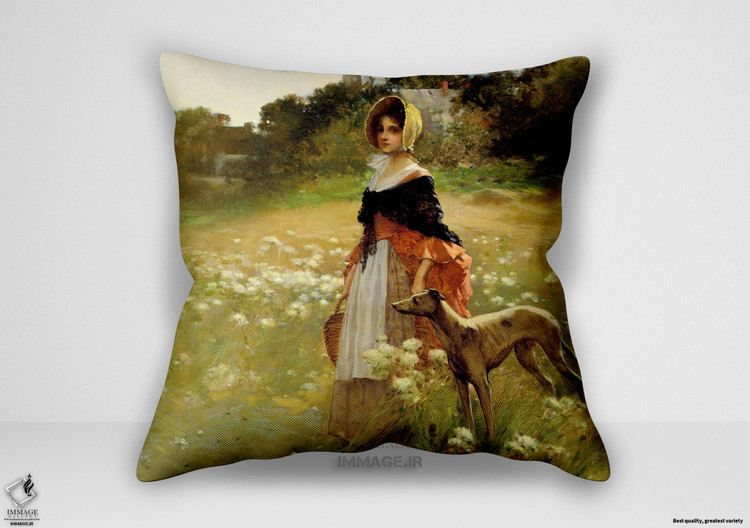 کوسن نقاشی کلاسیک ، موزه ایی دختر جوان و سگ ۱۸۹۰ اثر ادوارد پرسی موران (art 1670)