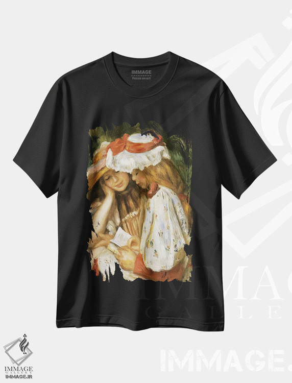 تیشرت طرح دار دو دختر در حال مطالعه، هنر فاخر کلاسیک اثر کلود مونه | فروشگاه ایماژ