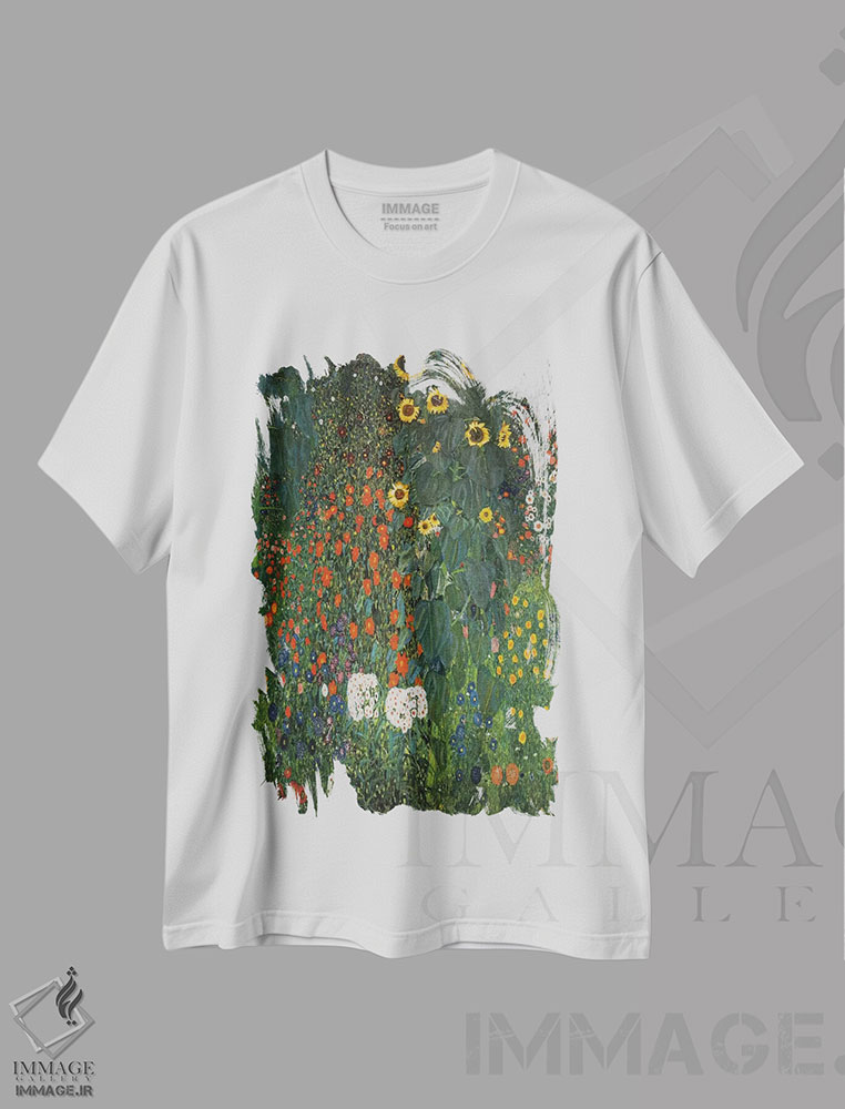 تیشرت طرح دار باغ مزرعه با گل های آفتابگردان، ۱۹۱۲، هنر فاخر کلاسیک اثر گوستاو کلیمت | immage.ir