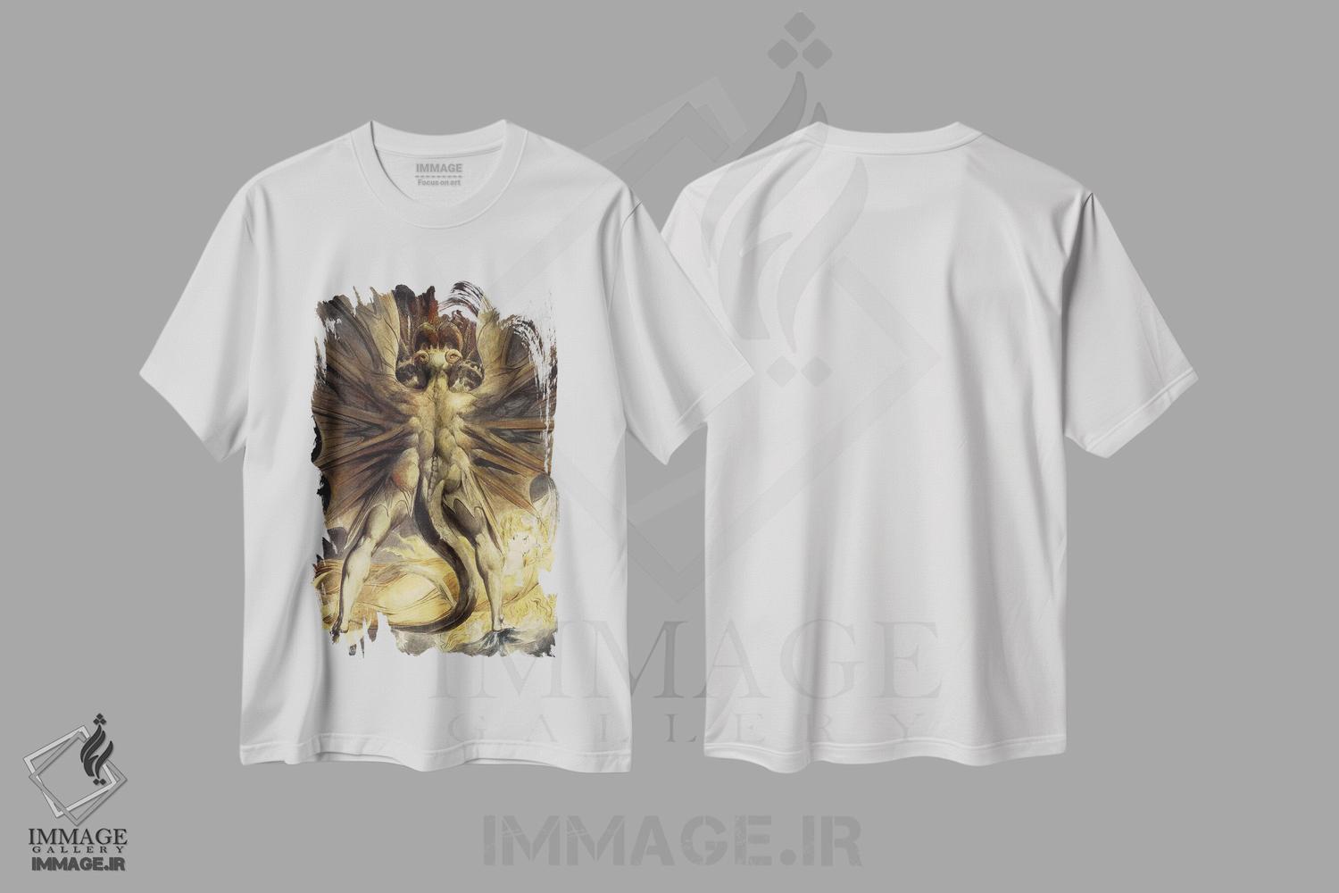 تیشرت طرح دار اژدهای بزرگ سرخ و زن آراسته به خورشید، هنر فاخر اثر ویلیام بلیک | فروشگاه ایماژ