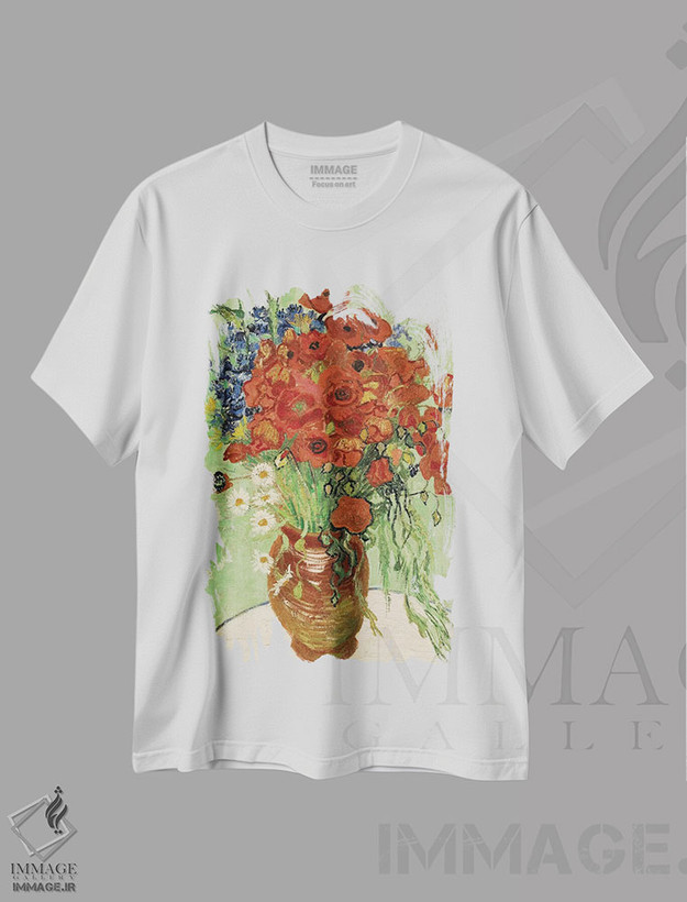 تیشرت طرح دار گلدان با گل مروارید و شقایق، هنر فاخر کلاسیک اثر ونسان ون گوگ | فروشگاه ایماژ