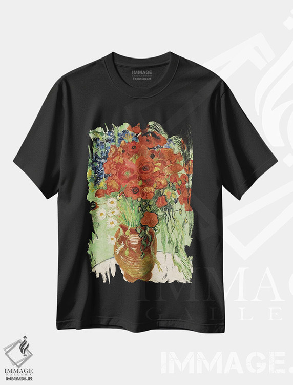 تیشرت طرح دار گلدان با گل مروارید و شقایق، هنر فاخر کلاسیک اثر ونسان ون گوگ | immage.ir