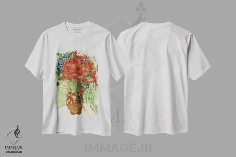 تیشرت طرح دار گلدان با گل مروارید و شقایق، هنر فاخر کلاسیک اثر ونسان ون گوگ | فروشگاه ایماژ