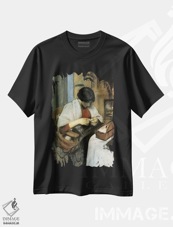 تیشرت طرح دار الیزابت گراردت در حال دوختن، هنر فاخر کلاسیک اثر آگوست ماکه | immage.ir