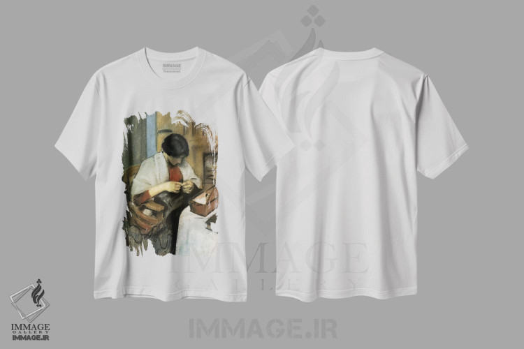 تیشرت طرح دار الیزابت گراردت در حال دوختن، هنر فاخر کلاسیک اثر آگوست ماکه | فروشگاه ایماژ