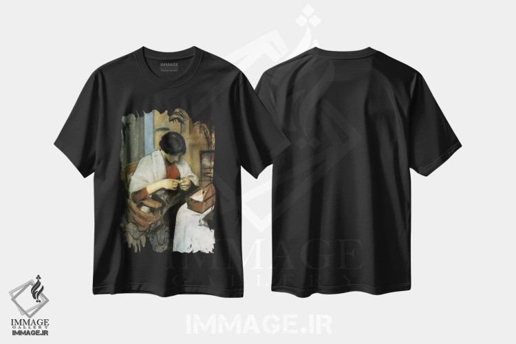 تیشرت طرح دار الیزابت گراردت در حال دوختن، هنر فاخر کلاسیک اثر آگوست ماکه | immage.ir
