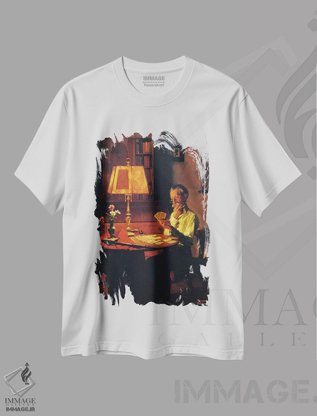 تیشرت طرح دار مرد در حال بازی ورق با نور چراغ، کایاروسکورو اثر نورمن راکول | فروشگاه ایماژ