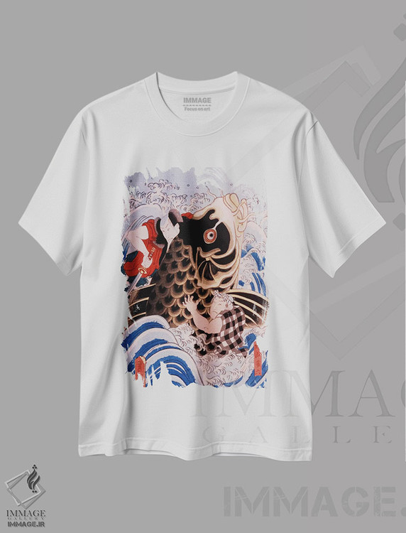 تیشرت طرح دار سامورایی در حال کشتی با ماهی کوی غول پیکر، دکور آسیایی اثر هنرمند ناشناس | immage.ir