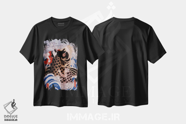 تیشرت طرح دار سامورایی در حال کشتی با ماهی کوی غول پیکر، دکور آسیایی اثر هنرمند ناشناس | فروشگاه ایماژ