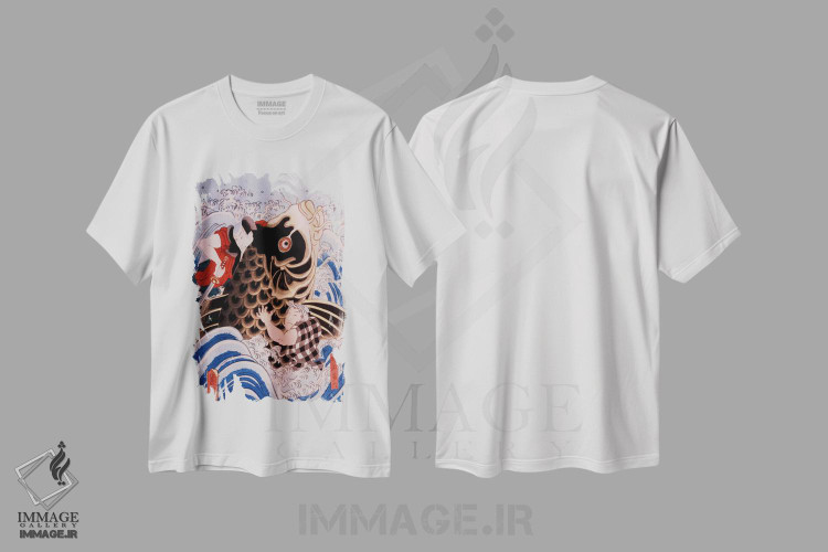 تیشرت طرح دار سامورایی در حال کشتی با ماهی کوی غول پیکر، دکور آسیایی اثر هنرمند ناشناس | immage.ir