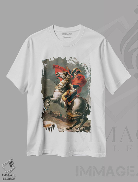 تیشرت طرح دار ناپلئون در حال عبور از آلپ، هنر فاخر کلاسیک اثر ژاک لویی داوید | immage.ir