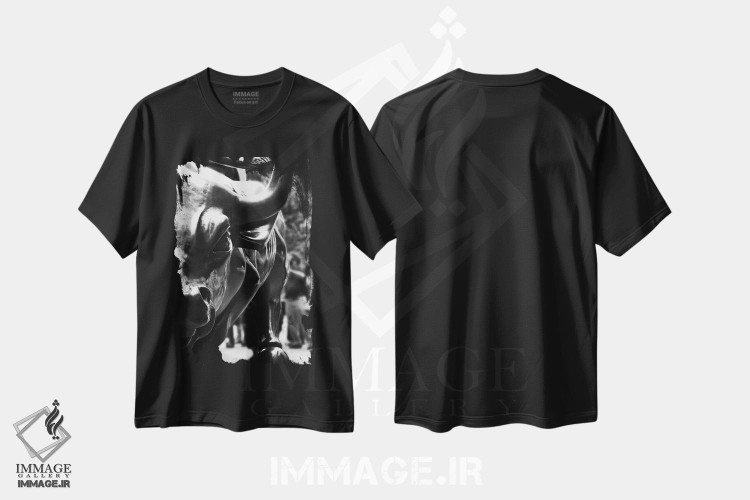 تیشرت طرح دار نمای نزدیک از گاو وال استریت، عکاسی سیاه و سفید اثر هنرمند ناشناس | فروشگاه ایماژ