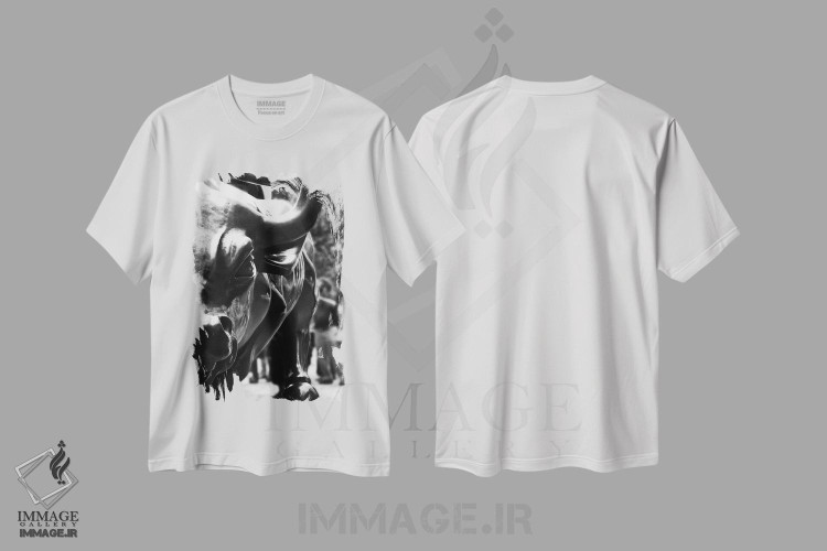 تیشرت طرح دار نمای نزدیک از گاو وال استریت، عکاسی سیاه و سفید اثر هنرمند ناشناس | immage.ir