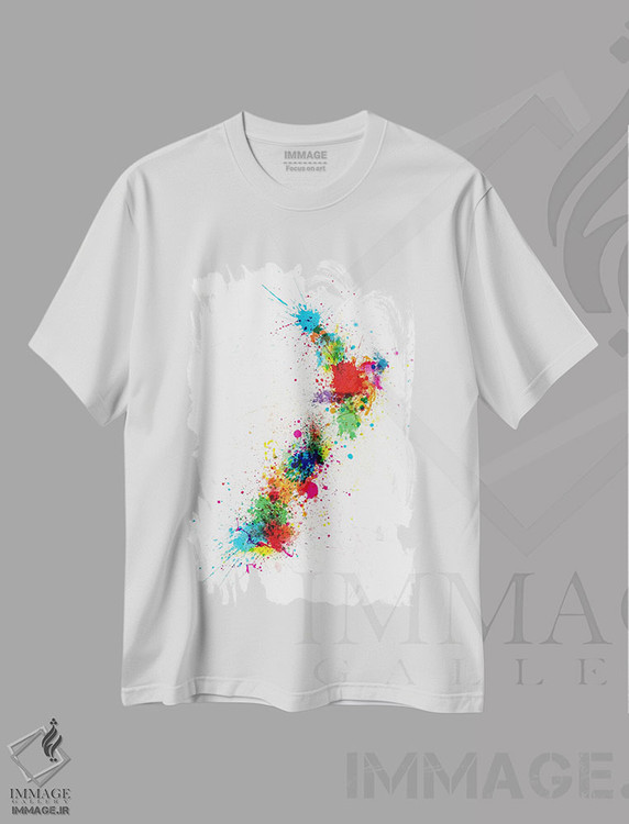 تیشرت طرح دار نقشه نیوزیلند با پاشش رنگ، آبستره اثر مایکل تامپست | فروشگاه ایماژ