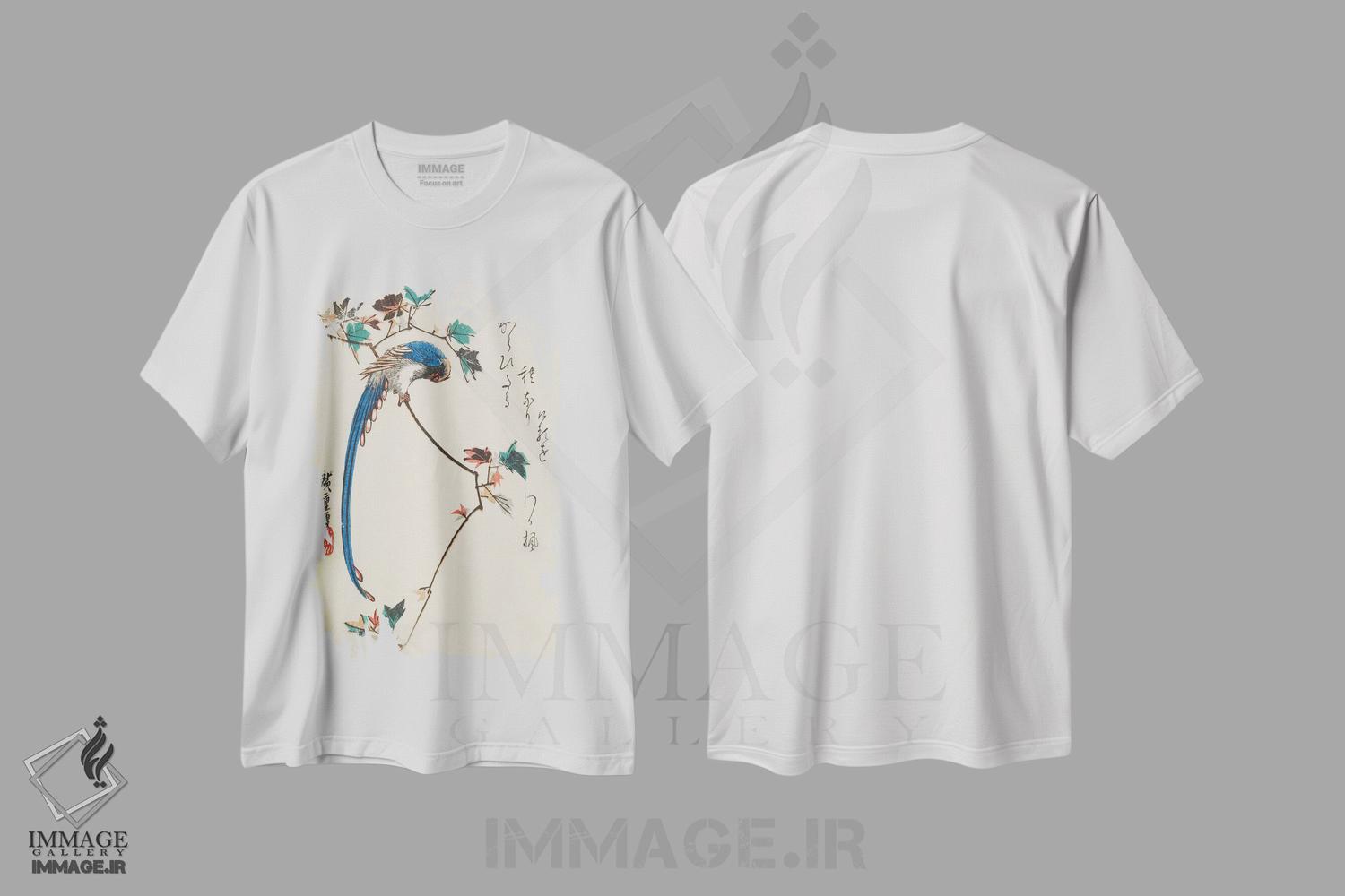 تیشرت طرح دار زاغی آبی بر شاخه افرا، دکور آسیایی اثر اوتاگاوا هیروشگه | فروشگاه ایماژ