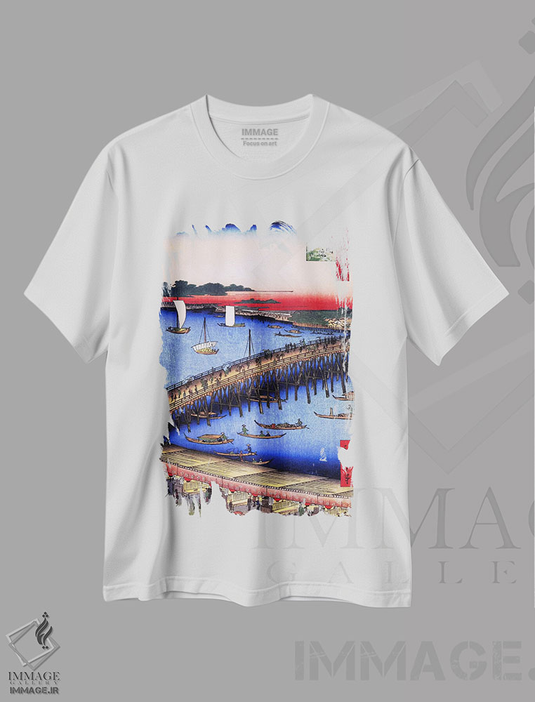 تیشرت طرح دار پل ریوگوکو و حاشیه رود بزرگ، دکور آسیایی اثر اوتاگاوا هیروشگه | فروشگاه ایماژ