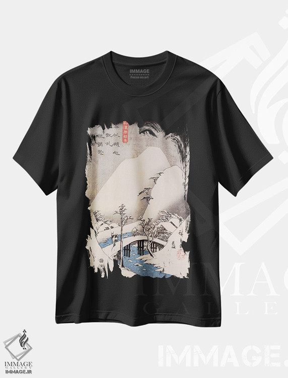 تیشرت طرح دار پل در منظره ای برفی، دکور آسیایی اثر اوتاگاوا هیروشگه | immage.ir