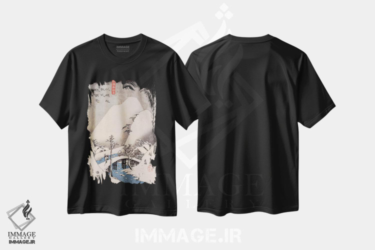 تیشرت طرح دار پل در منظره ای برفی، دکور آسیایی اثر اوتاگاوا هیروشگه | immage.ir