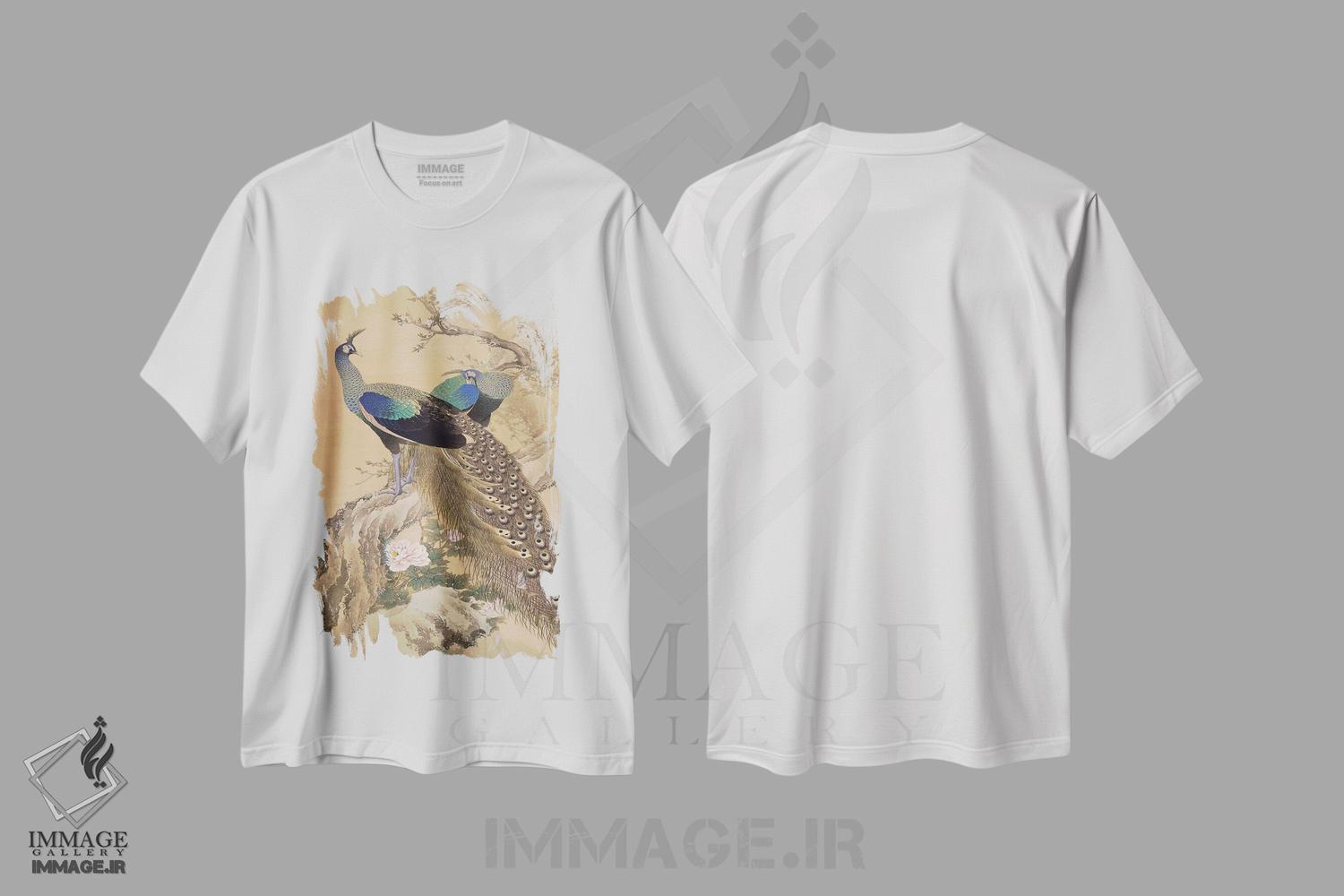 تیشرت طرح دار یک جفت طاووس در بهار، دکور آسیایی اثر ایماو کینن | immage.ir
