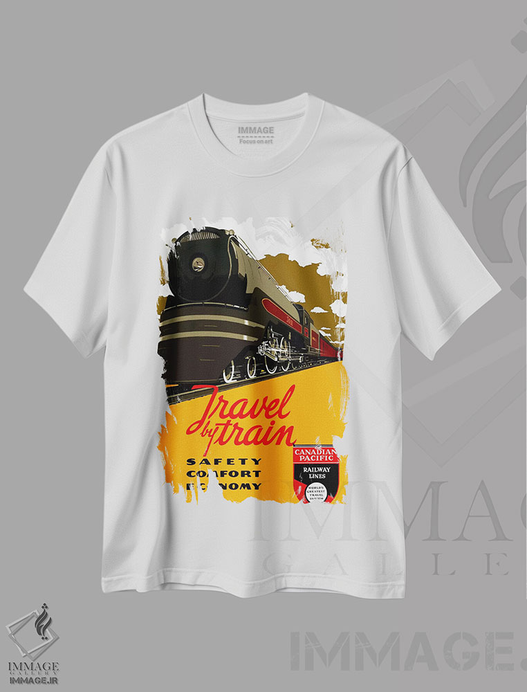 تیشرت طرح دار پوستر تبلیغاتی قدیمی سفر با قطار، وینتیج و رترو اثر هنرمند ناشناس | فروشگاه ایماژ