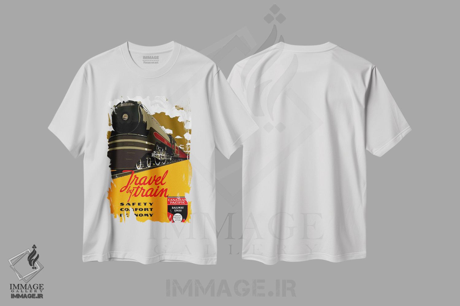 تیشرت طرح دار پوستر تبلیغاتی قدیمی سفر با قطار، وینتیج و رترو اثر هنرمند ناشناس | فروشگاه ایماژ
