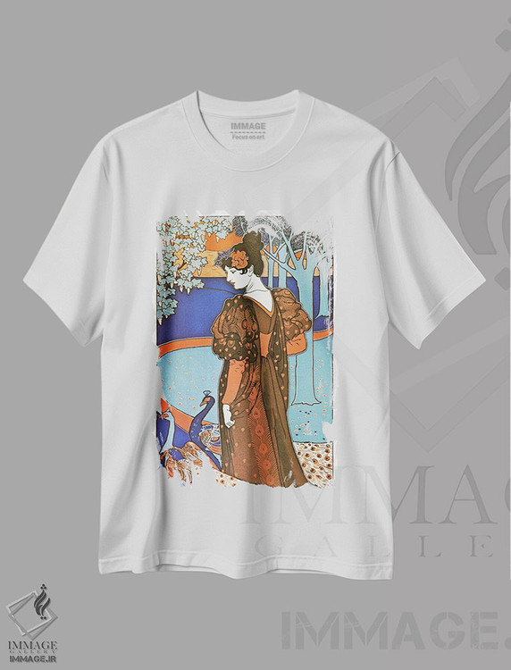 تیشرت طرح دار پوستر تبلیغاتی قدیمی بانو با طاووس ها، آرت نوو اثر هنرمند ناشناس | immage.ir