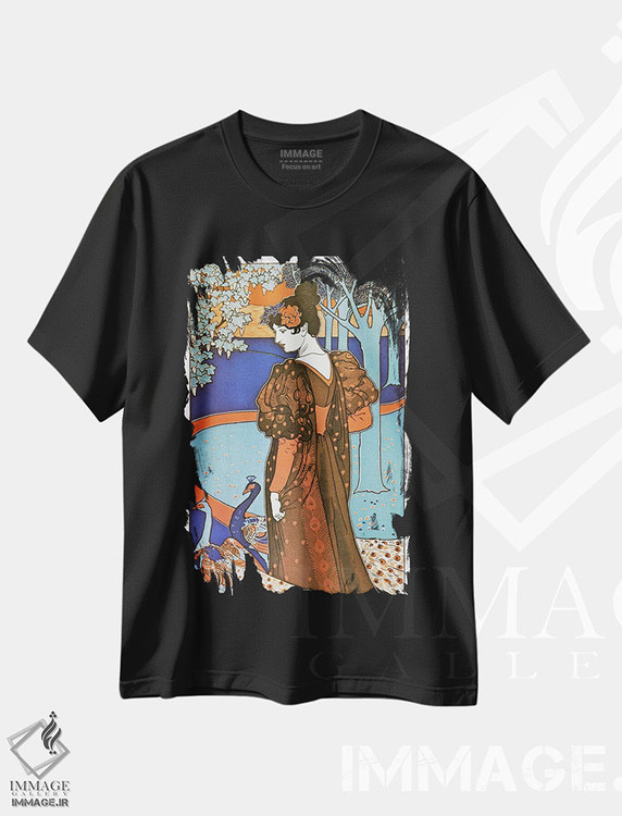 تیشرت طرح دار پوستر تبلیغاتی قدیمی بانو با طاووس ها، آرت نوو اثر هنرمند ناشناس | فروشگاه ایماژ