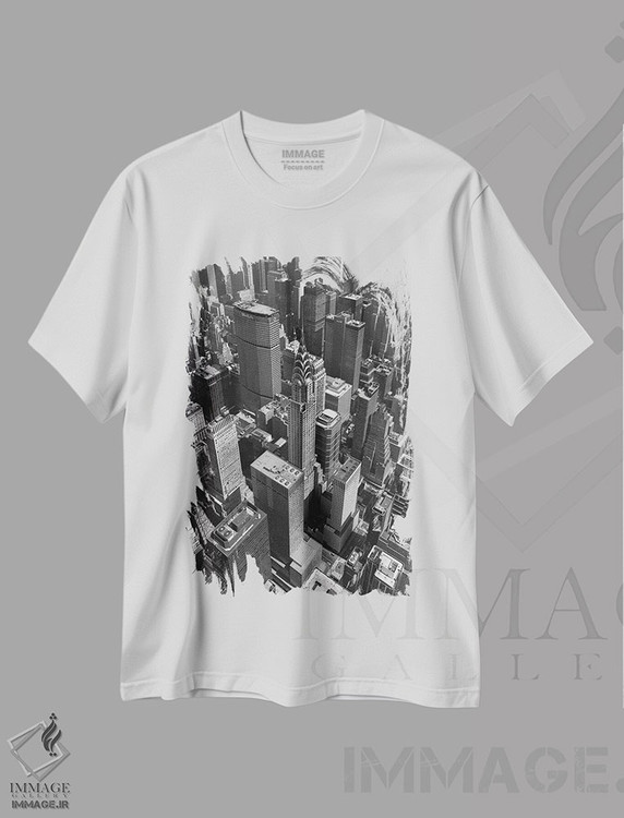 تیشرت طرح دار ساختمان کرایسلر و مرکز منهتن، عکاسی سیاه و سفید اثر کریستوفر بلیس | immage.ir