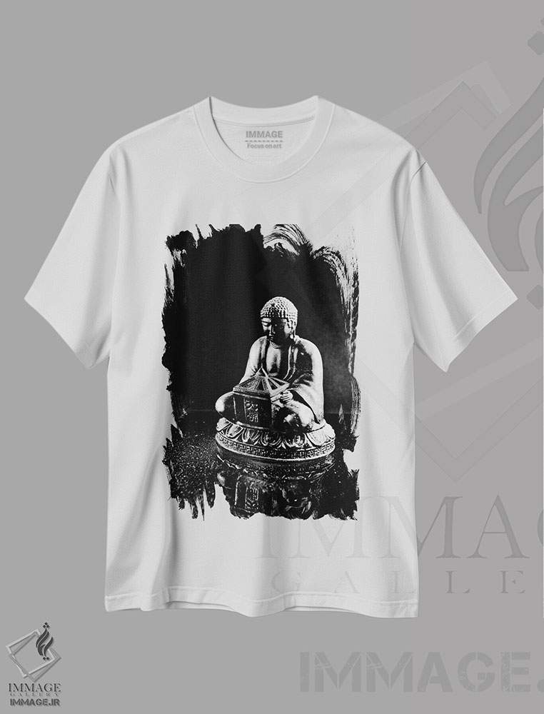 تیشرت طرح دار تندیس بودای سنگی، هنر تزئینی سیاه و سفید اثر هنرمند ناشناس | immage.ir