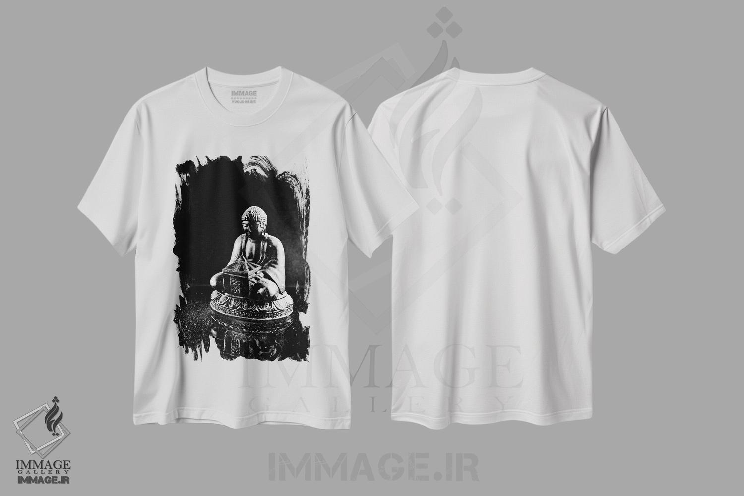 تیشرت طرح دار تندیس بودای سنگی، هنر تزئینی سیاه و سفید اثر هنرمند ناشناس | immage.ir