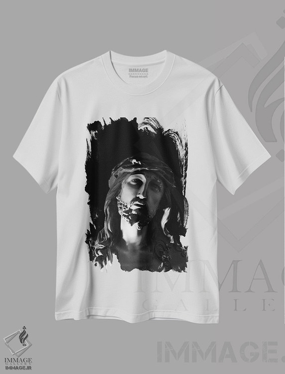 تیشرت طرح دار مجسمهٔ عیسی مسیح، عکاسی سیاه و سفید اثر هنرمند ناشناس | فروشگاه ایماژ