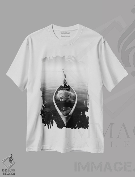 تیشرت طرح دار یک قایق پارویی و حواصیل، هنر تزئینی سیاه و سفید اثر موایسس لوی | immage.ir