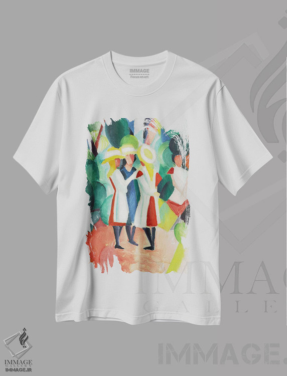 تیشرت طرح دار سه دختر با کلاه های حصیری زرد، هنر فاخر کلاسیک اثر آگوست ماکه | فروشگاه ایماژ