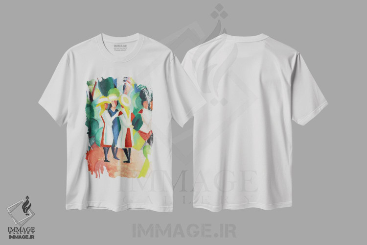 تیشرت طرح دار سه دختر با کلاه های حصیری زرد، هنر فاخر کلاسیک اثر آگوست ماکه | فروشگاه ایماژ