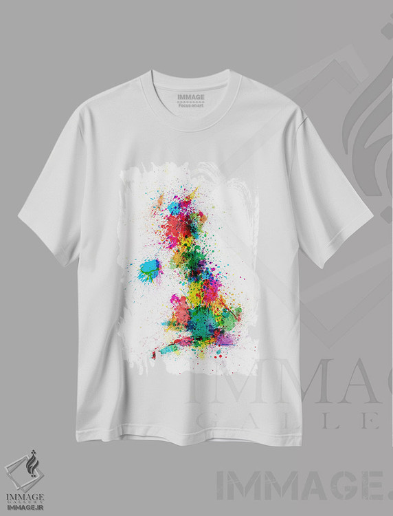 تیشرت طرح دار نقشهٔ بریتانیا با پاشش رنگ، آبستره اثر مایکل تامپست | immage.ir