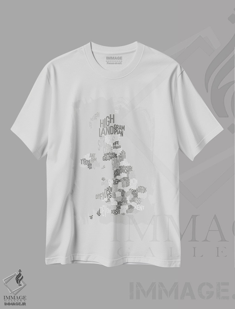 تیشرت طرح دار نقشهٔ متنی شهرستان های بریتانیا، آبستره اثر مایکل تامپست | فروشگاه ایماژ