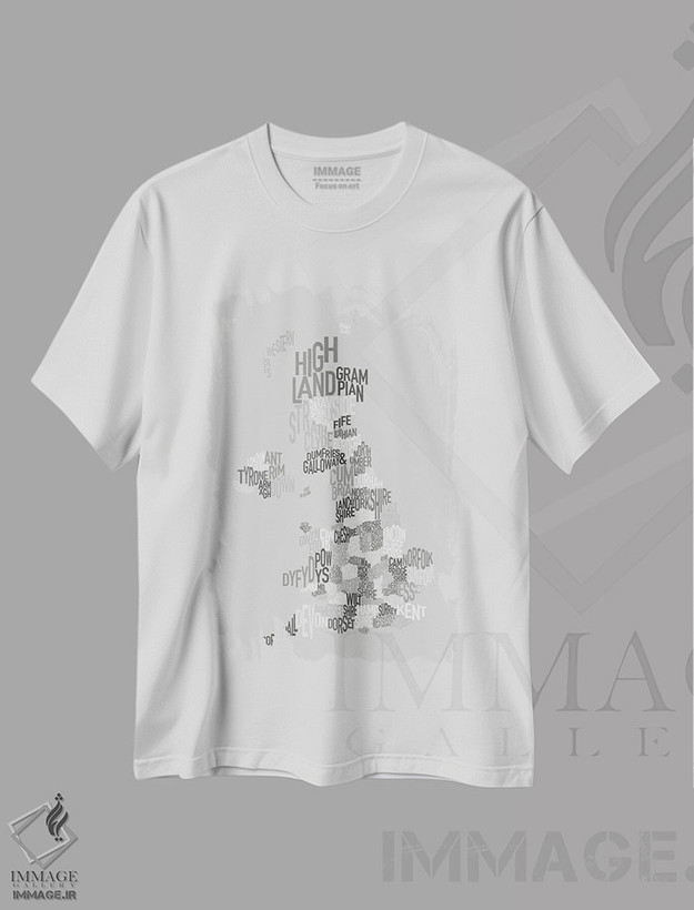 تیشرت طرح دار نقشهٔ متنی شهرستان های بریتانیا، آبستره اثر مایکل تامپست | فروشگاه ایماژ
