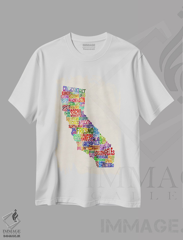 تیشرت طرح دار نقشهٔ تایپوگرافی کالیفرنیا، آبستره اثر مایکل تامپست | immage.ir