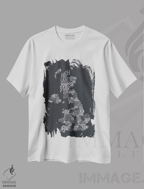 تیشرت طرح دار نقشهٔ متنی شهرستان های بریتانیا ۲، آبستره اثر مایکل تامپست | فروشگاه ایماژ