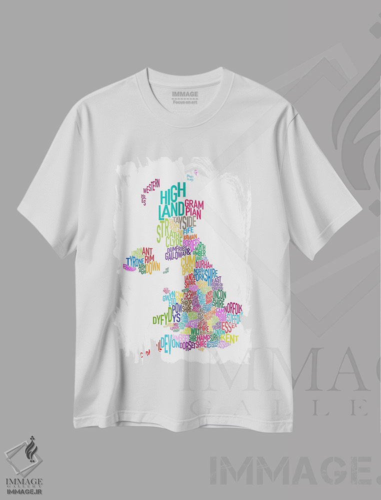 تیشرت طرح دار نقشهٔ متنی شهرستان های بریتانیا ۳، آبستره اثر مایکل تامپست | immage.ir