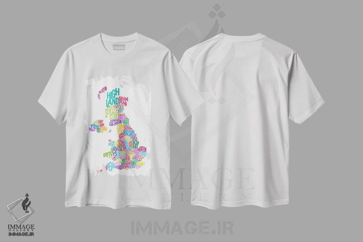 تیشرت طرح دار نقشهٔ متنی شهرستان های بریتانیا ۳، آبستره اثر مایکل تامپست | immage.ir
