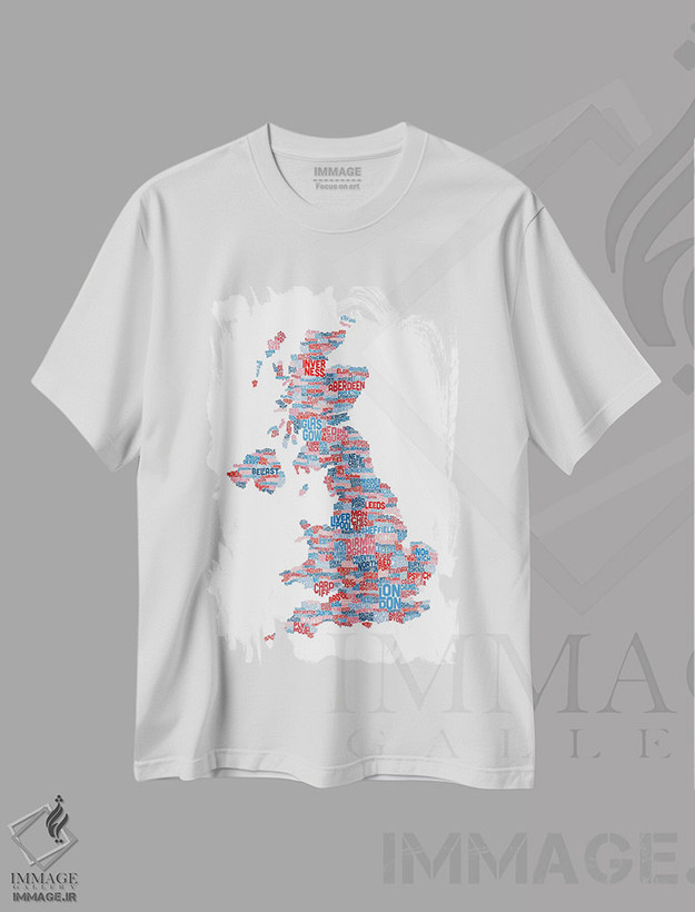تیشرت طرح دار نقشهٔ متنی شهرهای بریتانیا، آبستره اثر مایکل تامپست | فروشگاه ایماژ