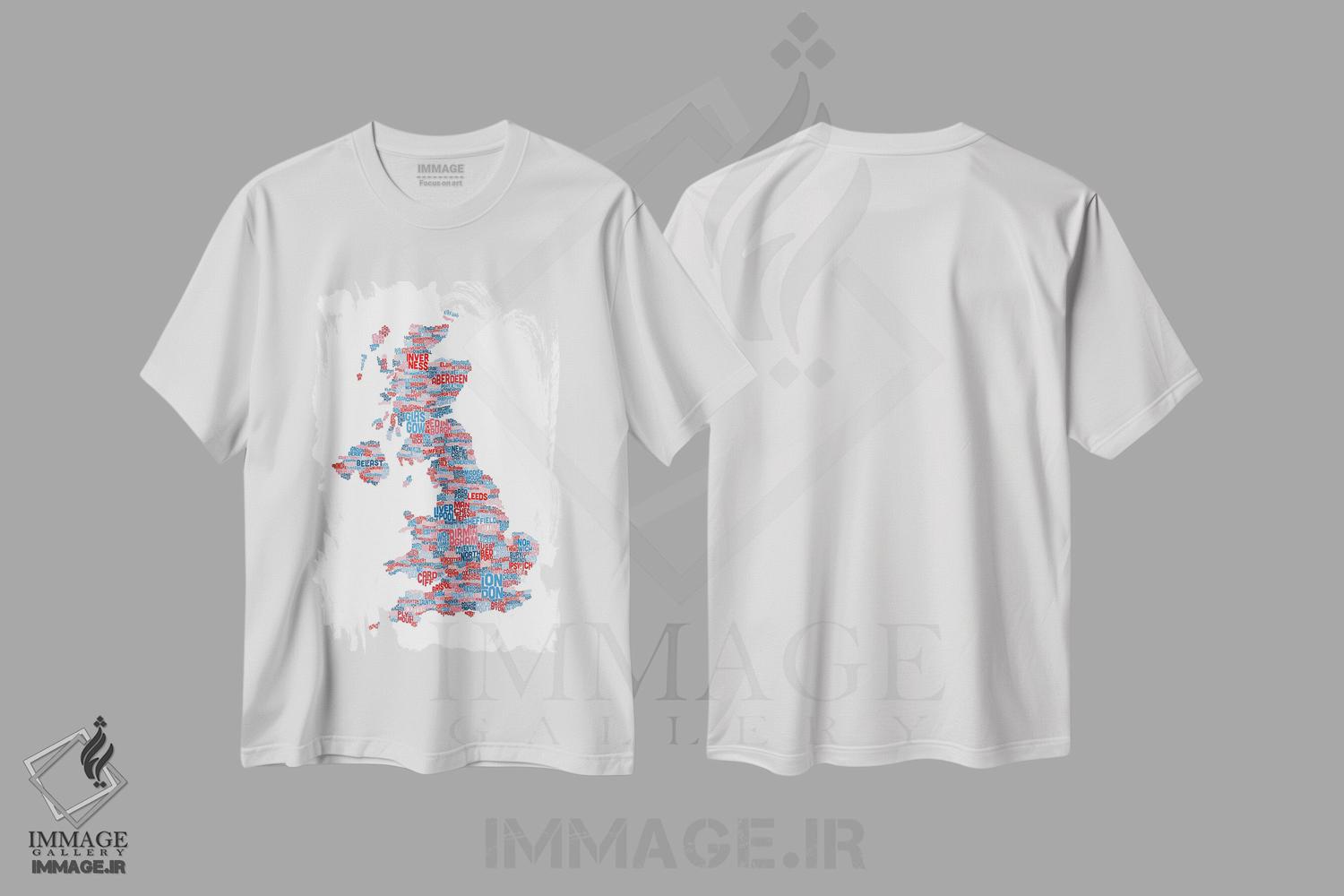 تیشرت طرح دار نقشهٔ متنی شهرهای بریتانیا، آبستره اثر مایکل تامپست | فروشگاه ایماژ