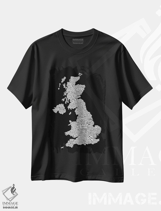 تیشرت طرح دار نقشهٔ متنی شهرهای بریتانیا ۲، آبستره اثر مایکل تامپست | فروشگاه ایماژ