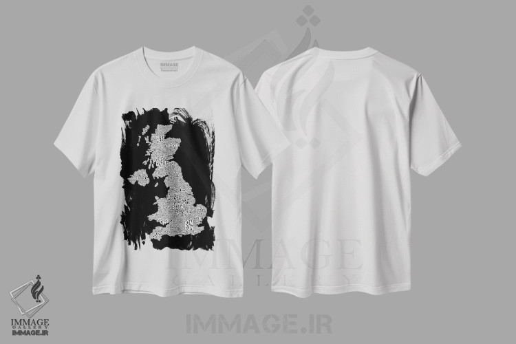 تیشرت طرح دار نقشهٔ متنی شهرهای بریتانیا ۲، آبستره اثر مایکل تامپست | immage.ir