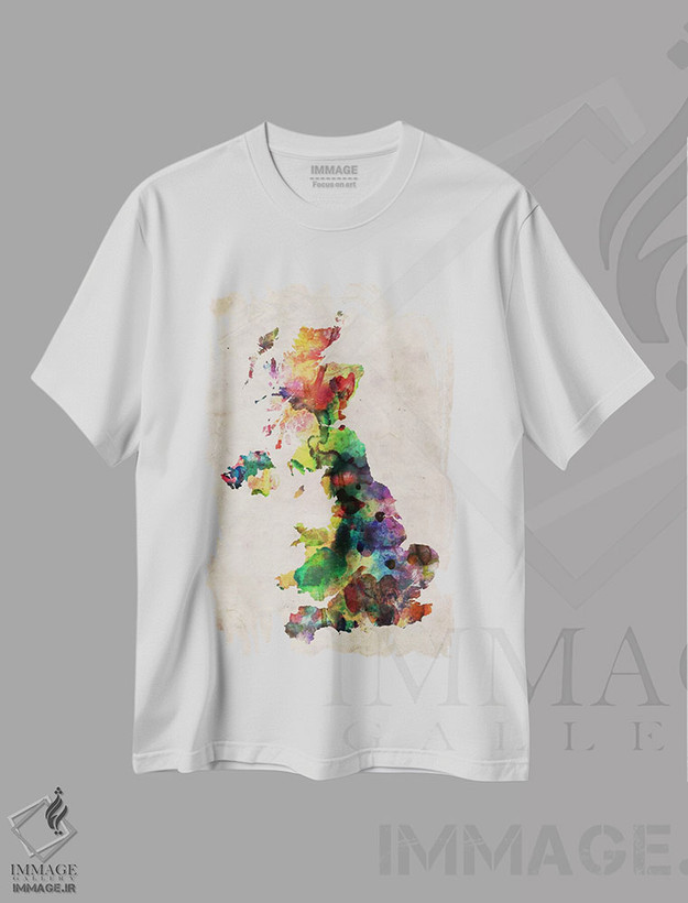 تیشرت طرح دار نقشهٔ پادشاهی متحد با آبرنگ، آبستره اثر مایکل تامپست | فروشگاه ایماژ