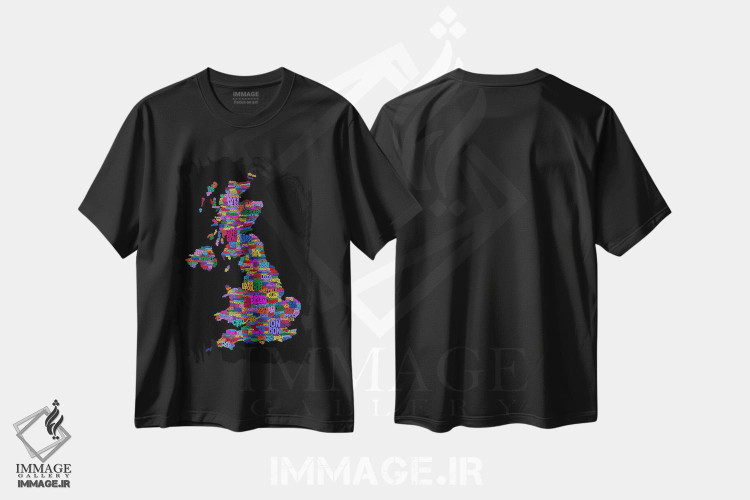 تیشرت طرح دار نقشهٔ متنی شهرهای بریتانیا، آبستره اثر مایکل تامپست | فروشگاه ایماژ